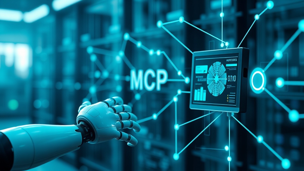 Model Context Protocol - Roboterhand zeigt auf einem Display auf dem MCP steht